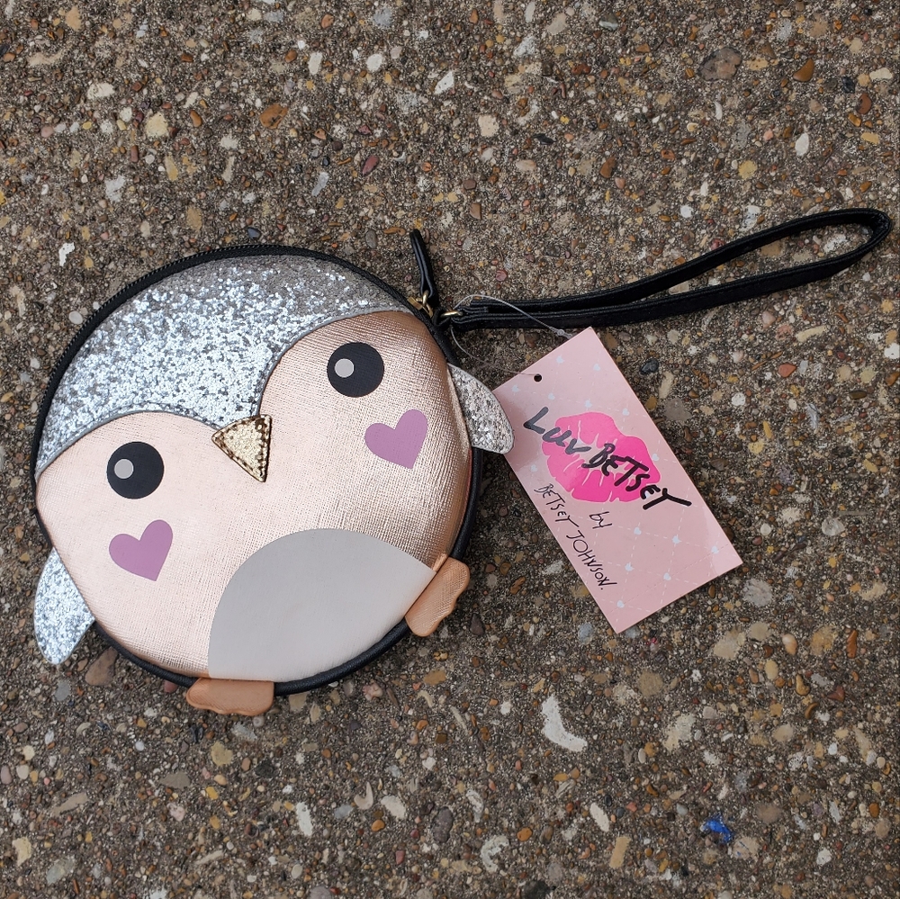 Luv Betsey Johnson Rose Gold Owl Coin Purse Wristlet NWT